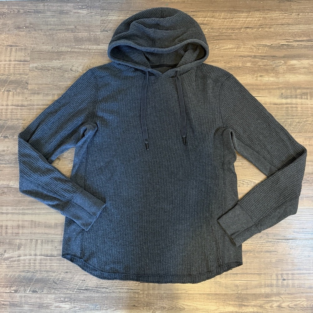 Rag & Bone Caine Waffle Knit Cotton Hoodie Mens Medium Charcoal Thermal Pullover